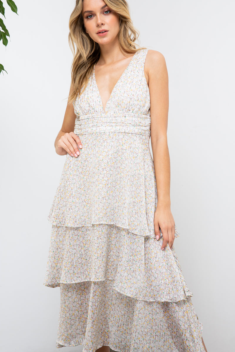 Garden Of Love Floral Print Tiered Midi Dress