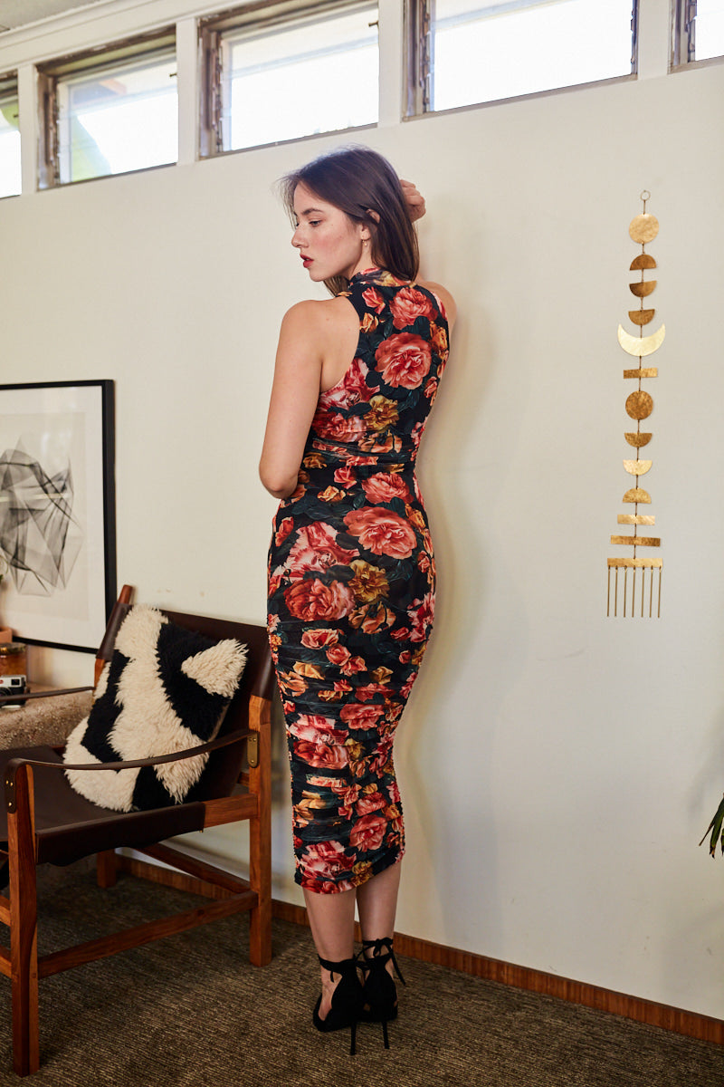 Beauty and Rose Floral Print Midi Dress